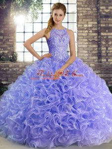 Flirting Floor Length Lavender Ball Gown Prom Dress Fabric With Rolling Flowers Sleeveless Beading