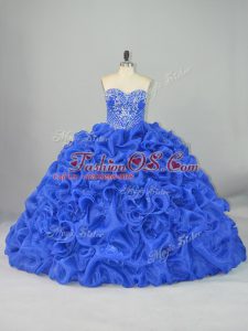 Blue Sleeveless Organza and Elastic Woven Satin Brush Train Lace Up 15 Quinceanera Dress for Sweet 16 and Quinceanera