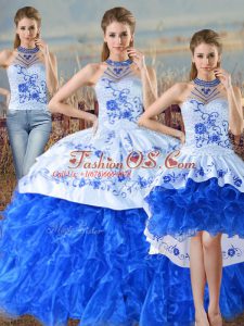 Modest Halter Top Sleeveless Court Train Lace Up Sweet 16 Dresses Blue And White Organza