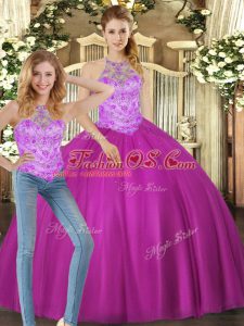 Spectacular Halter Top Sleeveless Tulle Quinceanera Dresses Beading Lace Up