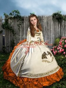 White Straps Neckline Embroidery and Ruffles Winning Pageant Gowns Sleeveless Lace Up