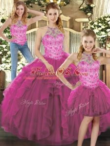 Floor Length Three Pieces Sleeveless Fuchsia Sweet 16 Dress Lace Up