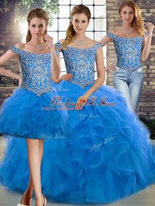 Low Price Blue Off The Shoulder Lace Up Beading and Ruffles Quince Ball Gowns Brush Train Sleeveless