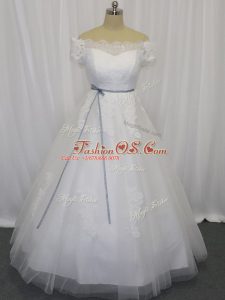 Tulle Short Sleeves Floor Length Wedding Gown and Lace and Belt