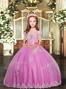 Floor Length Lilac Girls Pageant Dresses Straps Sleeveless Lace Up