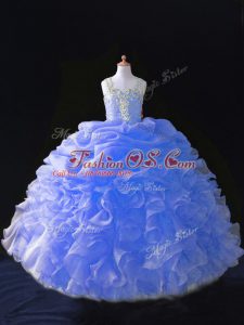 Blue Zipper Straps Beading and Ruffles and Pick Ups Little Girls Pageant Dress Wholesale Organza Sleeveless