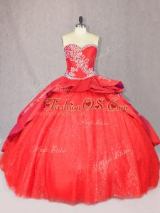 Floor Length Lace Up Sweet 16 Dresses Red for Sweet 16 and Quinceanera with Embroidery Court Train