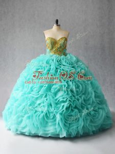 Aqua Blue Lace Up Quinceanera Gowns Beading and Ruffles Sleeveless Court Train