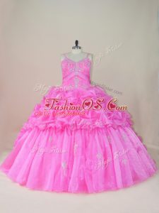 Pretty Baby Pink 15 Quinceanera Dress Sweet 16 and Quinceanera with Beading and Appliques and Pick Ups Straps Sleeveless Brush Train Lace Up