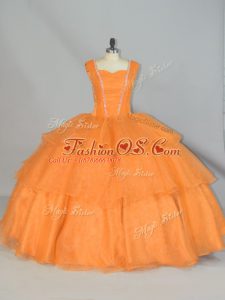 Affordable Orange Straps Lace Up Beading and Ruffled Layers and Ruching Quince Ball Gowns Sleeveless