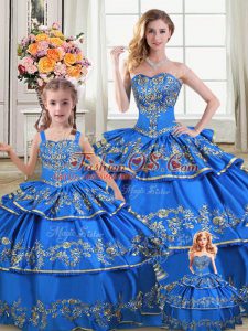 High End Royal Blue Quinceanera Dress Sweet 16 and Quinceanera with Embroidery and Ruffled Layers Sweetheart Sleeveless Lace Up