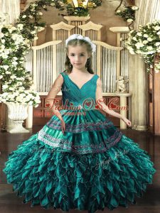 Nice Sleeveless Organza Floor Length Backless Evening Gowns in Teal with Beading and Appliques and Ruffles
