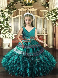 Nice Sleeveless Organza Floor Length Backless Evening Gowns in Teal with Beading and Appliques and Ruffles