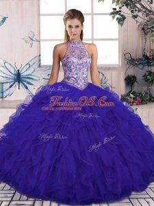 Tulle Halter Top Sleeveless Lace Up Beading and Ruffles Quinceanera Dresses in Purple