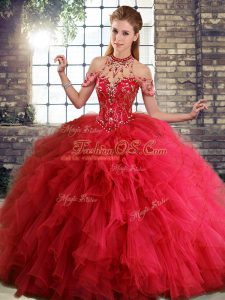 Shining Red Ball Gowns Tulle Halter Top Sleeveless Beading and Ruffles Floor Length Lace Up Quinceanera Gown
