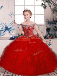 Off The Shoulder Sleeveless Kids Formal Wear Floor Length Beading and Ruffles Red Tulle