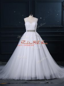 High Class Scoop Sleeveless Bridal Gown Brush Train Beading and Lace White Tulle