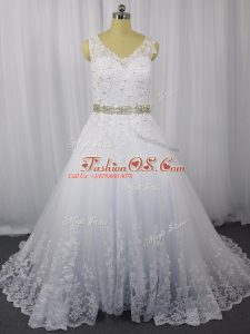 Hot Sale Tulle Sleeveless Wedding Dresses Brush Train and Beading and Lace