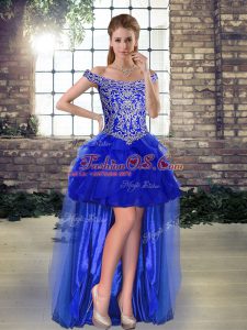 Glorious Sleeveless Tulle High Low Lace Up Evening Dress in Royal Blue with Beading and Ruffles