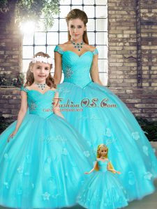 Aqua Blue Off The Shoulder Lace Up Beading and Appliques Quinceanera Gowns Sleeveless