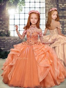 Simple Orange Little Girls Pageant Dress Party and Wedding Party with Beading and Ruffles High-neck Sleeveless Lace Up