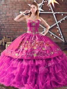 Satin and Organza Sweetheart Sleeveless Lace Up Embroidery Sweet 16 Dresses in Fuchsia
