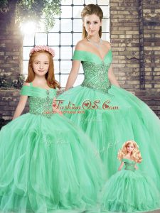 Apple Green Quince Ball Gowns Military Ball and Sweet 16 and Quinceanera with Beading and Ruffles Off The Shoulder Sleeveless Lace Up