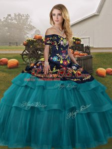 Traditional Teal Lace Up Quinceanera Gowns Embroidery and Ruffled Layers Sleeveless Brush Train