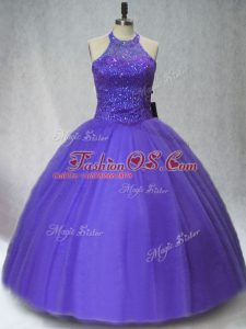 Tulle Halter Top Sleeveless Lace Up Beading Quinceanera Dress in Purple
