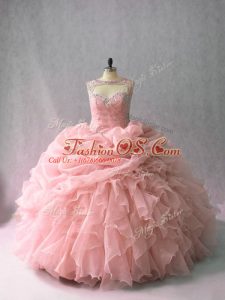 Fitting Sleeveless Brush Train Lace Up Beading and Ruffles and Pick Ups 15 Quinceanera Dress