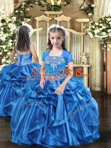 Floor Length Lace Up Little Girls Pageant Gowns Baby Blue for Party and Sweet 16 and Wedding Party with Beading and Ruffles