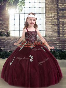 Sleeveless Lace Up Floor Length Beading and Appliques Little Girls Pageant Gowns
