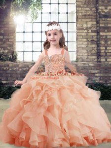 Straps Sleeveless Tulle Pageant Gowns Beading and Ruffles Side Zipper