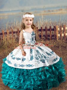 Beauteous Teal Sleeveless Organza Lace Up Pageant Gowns For Girls for Wedding Party
