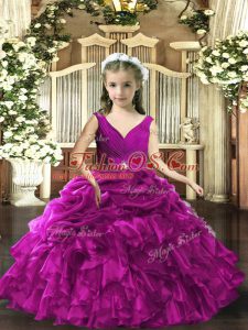 Custom Design Organza Sleeveless Floor Length Little Girl Pageant Gowns and Beading and Ruffles and Ruching