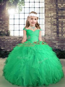 Perfect Straps Long Sleeves Tulle Little Girls Pageant Dress Wholesale Beading and Ruffles Lace Up