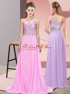 Adorable Floor Length Pink Prom Evening Gown Chiffon Sleeveless Beading
