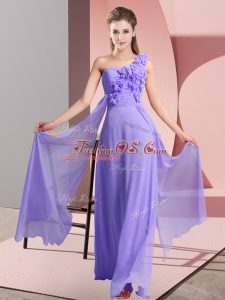 One Shoulder Sleeveless Bridesmaid Dress Floor Length Hand Made Flower Lavender Chiffon