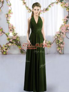 Olive Green Empire Halter Top Sleeveless Chiffon Floor Length Lace Up Ruching Bridesmaid Dresses