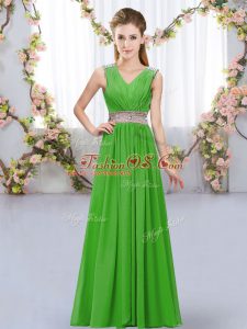 Custom Fit V-neck Sleeveless Chiffon Quinceanera Dama Dress Beading and Belt Lace Up
