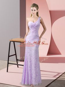 Column/Sheath Prom Gown Lavender One Shoulder Lace Sleeveless Floor Length Criss Cross