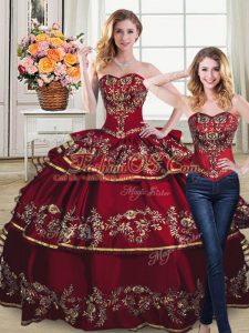 Wine Red Sweetheart Neckline Embroidery and Ruffled Layers Quinceanera Dresses Sleeveless Lace Up