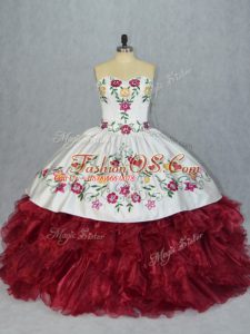 Fashion Sleeveless Floor Length Embroidery and Ruffles Lace Up 15 Quinceanera Dress with White And Red
