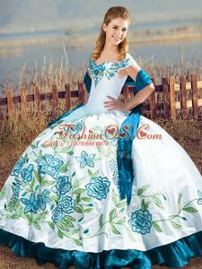 Blue And White Ball Gowns Embroidery and Ruffles Quince Ball Gowns Lace Up Satin Sleeveless Floor Length