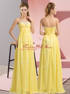 Noble Yellow Empire Sweetheart Sleeveless Chiffon Floor Length Lace Up Beading Homecoming Dress