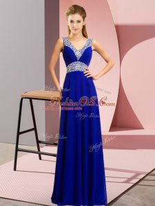 Floor Length Blue Mother Of The Bride Dress Chiffon Sleeveless Beading