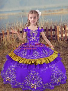 Admirable Ball Gowns Girls Pageant Dresses Lavender Off The Shoulder Satin Sleeveless Floor Length Lace Up