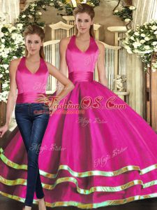 Sweet Floor Length Fuchsia 15th Birthday Dress Strapless Sleeveless Lace Up