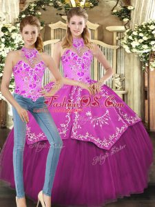 Sleeveless Satin and Tulle Floor Length Lace Up Sweet 16 Dresses in Fuchsia with Embroidery