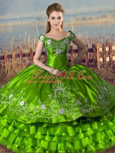 Custom Fit Green Sleeveless Embroidery and Ruffled Layers Floor Length 15 Quinceanera Dress